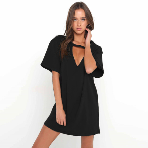 2022 Women Tshirt mini Dress Choker V-neck Summer Dresses Long Short Sleeve Casual Sexy Halter Boho Beach Dress Vestidos autumn ► Photo 1/6