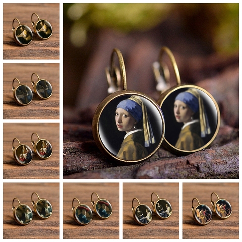 Fashion Bronze Color Punk Style Earrings Vermeer Oil Painting Girl Wearing Pearl Stud Earrings Glass Cabochon Jewelry for Women ► Photo 1/6