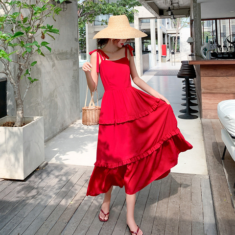 2 colors black red long women straps dress summer elegant backless casual party vacation beach dress sundress korean runway 2022 ► Photo 1/6