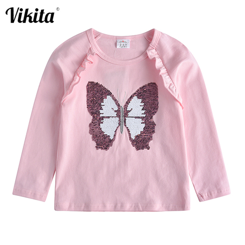 VIKITA Girls Cotton T-shirt Girls Butterfly Sequins Tees Kids Girls Cartoon T Shirt Children Long Sleeve Casual Tops and Tees ► Photo 1/6