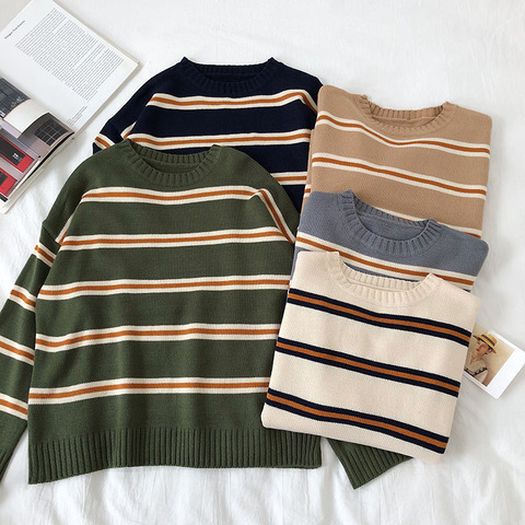 Vintage Stripe Sweaters Women Loose Oversize Korean Style Pullover Top Autumn Winter Long Sleeve  Knitted Sweater Femme 2022 ► Photo 1/6