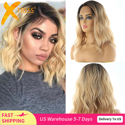 Lace Front Synthetic Hair Wigs X-TRESS Ombre Brown Blonde Color Natural Wave Side Part 12'' Short Bob L Part Lace  Wig For Women ► Photo 1/6