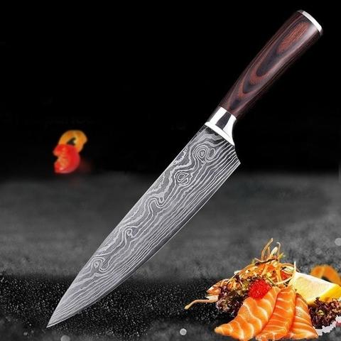 8 Inch Chef's Knife 7Cr17 Stainless Steel Knife Imitation Damascus Large Wave Pattern Color Wooden Handle ► Photo 1/6