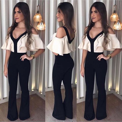 Women patchwork ruffles sexy v-neck backless jumpsuit Casual Rompers for female women high waist full pants jumpsuits women ► Photo 1/4