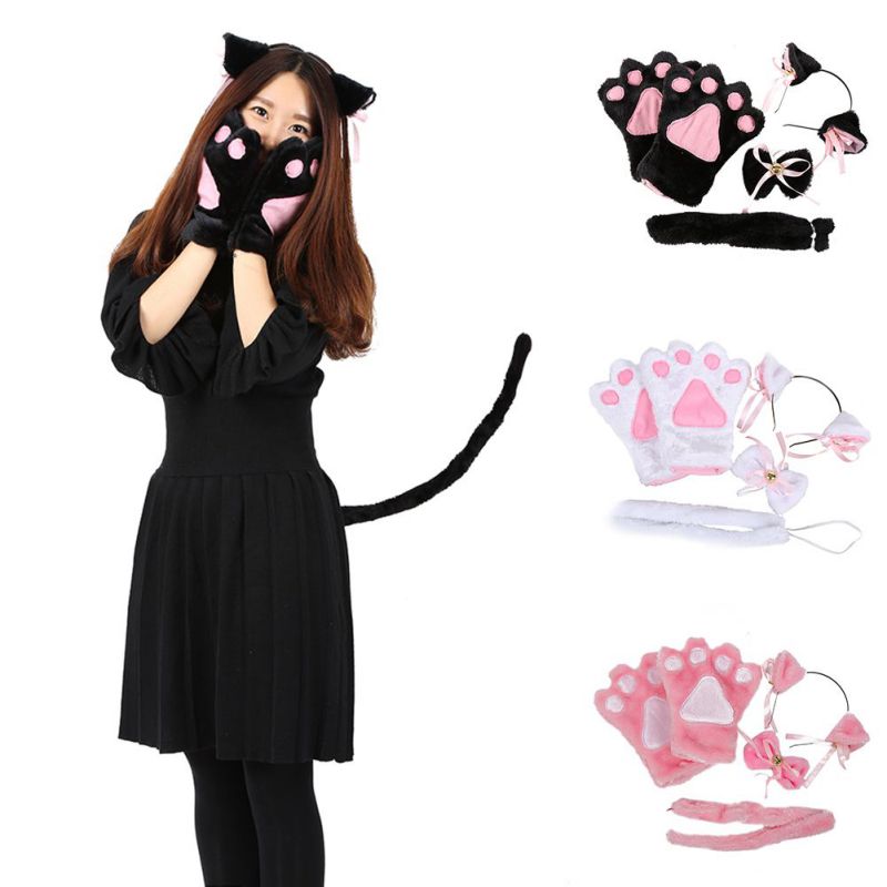 1 Set Plush Party Anime Cat Ears Cosplay Costume Paw Claw Gloves Tail Bow-tie 