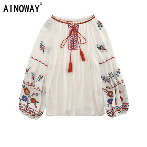 Vintage chic women Tassel  bohemian  floral embroidery  beach kimono  blouse shirt long sleeve loose Boho shirts blusas ► Photo 1/6