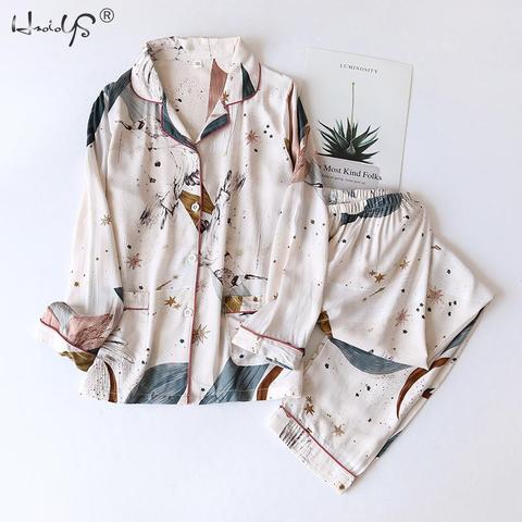 Women's Summer Two-piece Home Suit for Spring and Summer Thin Long-sleeved Viscose Cotton Pants Pajamas Women Summer Cotton Suit ► Photo 1/6