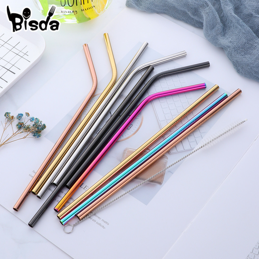 100pcs Stainless Steel Drinking Straw Wholesale Reusable Straw Gold Metal  Straws Food Grade Juicy Party Straws Brush Set Bar