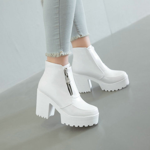 winter white platform wedges chunky high heels woman shoes zipper front women ankle boots plus size dropshipping 2022 ► Photo 1/6