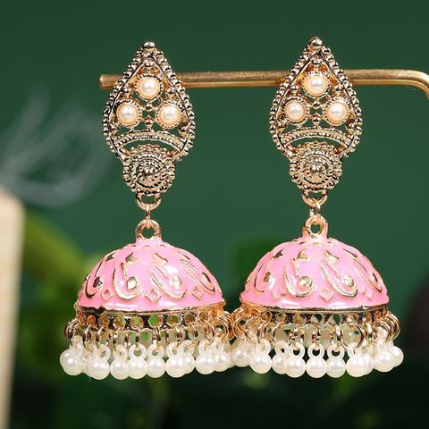 Boho Gypsy Pink Carved Indian Earrings 2022 Womens  Jewelry Retro Pearl Tassel Ladies Jhumka Earrings Orecchini ► Photo 1/6