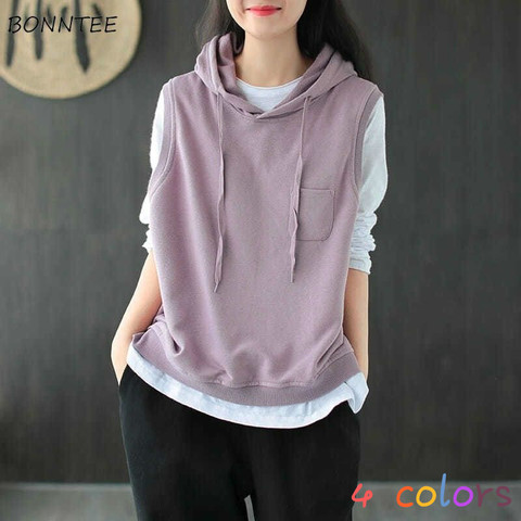 Vests Women Hooded Loose Popular All-match Students Simple Casual Outwear Korean Style Pockets Solid Spring Autumn Mujer Clothes ► Photo 1/6