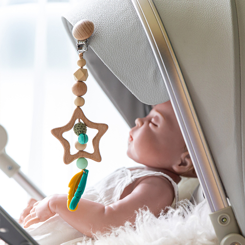 1pc Wooden Music Rattle Animal Star Mobile Holder Teething Pendant Wooden Gym Rodent Silicone Beads Necklace Clip Stroller Arch ► Photo 1/6