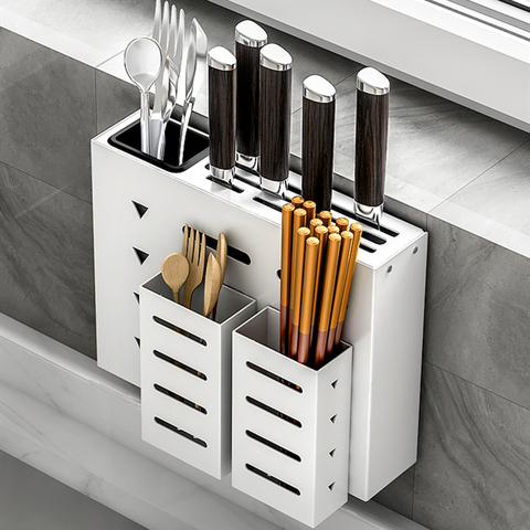 Silver Aluminum Alloy Wall Mounted Stand Knife Holder Cutlery Storage Rack Spoon Forks Organizer Container with Drying Drainer ► Photo 1/5
