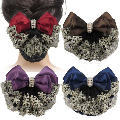 New Floral Lace Satin Bow Hair Net Barrette Bank Staff Flight Attendant Nurses Satin Hair Clip Net Snood Women Hair Accessories ► Photo 1/6