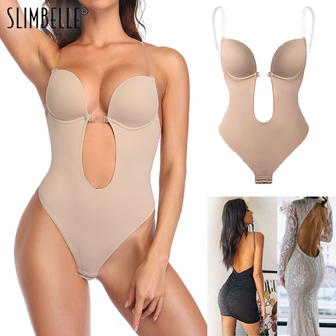 Women Bodysuit Shapewear Deep V-Neck Body Shaper Backless U Plunge Thong Shapers Waist Trainer Clear Strap Padded Push Up Corset ► Photo 1/6