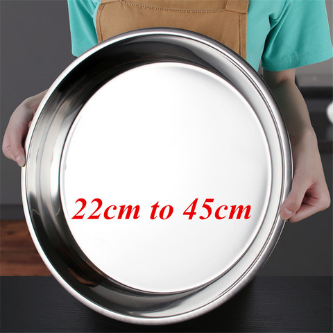 Large Stainless Steel thick Flat Round Dish tray Charger Plates Silver Serving Tray Cake Metal deep Plate dinner dish plate sets ► Photo 1/6