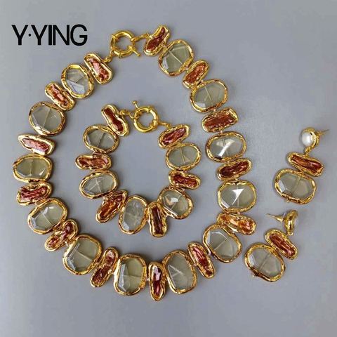 Y·YING Cultured Freshwater Brown Biwa Pearl Pearl Lemon Quartzs Necklace Bracelet Earrings Set  classic for women ► Photo 1/6