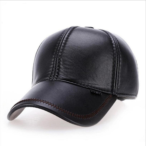 Adult New Faux Leather Hat Men's Warm PU Leather Baseball Cap Male Winter Outdoor Ear Protection Cap Leather Hat Windproof hat ► Photo 1/6