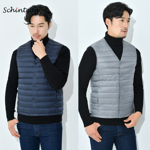 Schinteon Men Light Down Vest Gielt Casual Waistcoat Spring Autumn White Duck Down Jacket Male V-neck Sleeveless Coat Liner Vest ► Photo 1/6