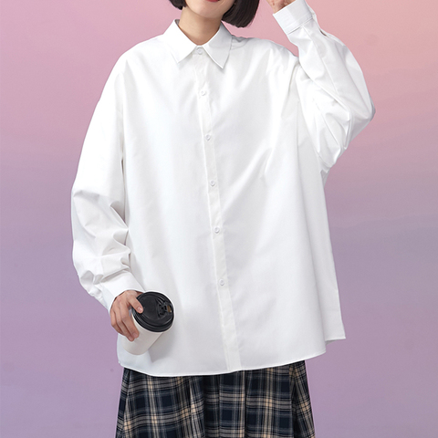 LEGIBLE 2022 Long sleeve Shirt Women White Turn Down Collar Basic Casual Teen Gril Oversize Shirt Women Loose Blouse ► Photo 1/1