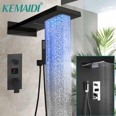 KEMAIDI Black Bathroom Shower Faucet Rainfall Shower Head 2 & 3 Functions Digital Display Mixer Waterfall Shower Faucets Set ► Photo 1/6