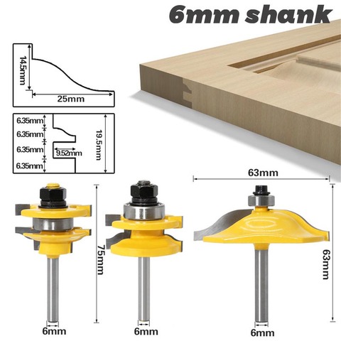 3Pcs 6mm Shank Cabinet Door Panel Knife Milling Cutters With Bearing Router Bit Set For Wood Carbide Cutter Woodworking Tools ► Photo 1/5