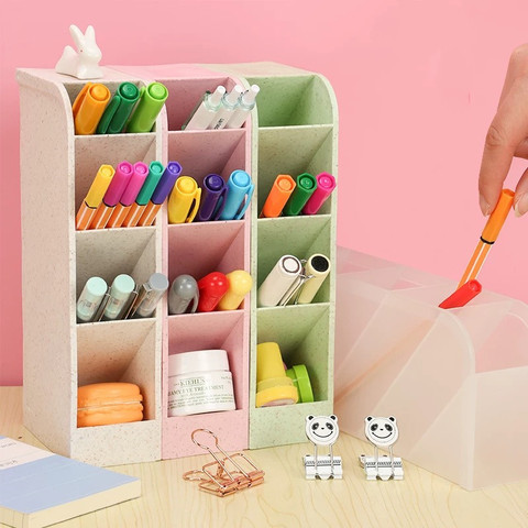 Multi-function 4 Grid Desktop Pen Holder Office School Storage Case Candy  Color Plastic Box Desk Pen Pencil Organizer