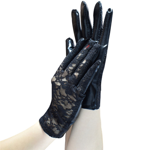 Short Paragraph Patent Leather Sexy Lace Women Black Gloves Metal Punk Style Bar Pole Dance Prom Decoration Etiquette Gloves ► Photo 1/6