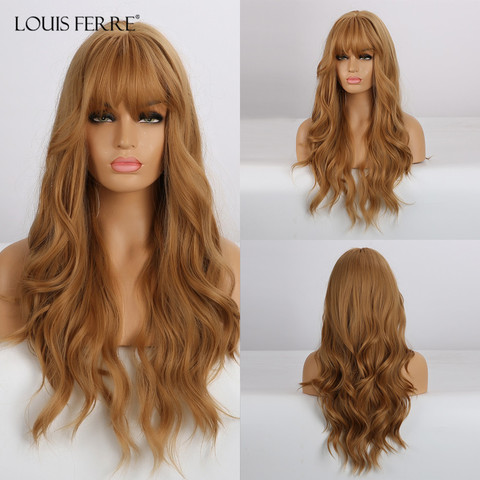 LOUIS FERRE Long Light Brown Blonde Honey Water Wave Wigs with Bangs Heat Resistant Fibre Synthetic Cosplay Wigs For Women Afro ► Photo 1/6