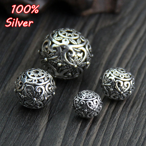 925 Sterling Silver Color Round Hollow Spacer Beads Retro Handmade Charm Ball Beads DIY Bracelets Jewelry Making Findings ► Photo 1/4