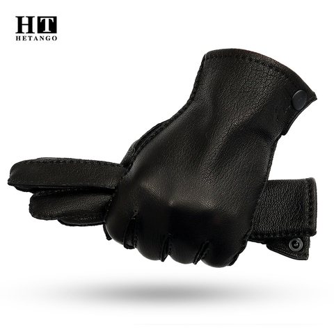 New Winter Men's Gloves Hand-Stitched Deerskin Warmth Wear-Resistant Snap Button Style Cold-Proof Leather Mittens Wool Lining ► Photo 1/6