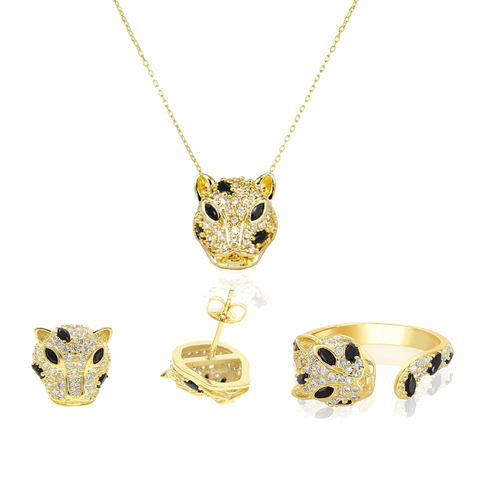 Gold color Jaguar earring ring necklace jewelry set for women white black cz leopard design ► Photo 1/6