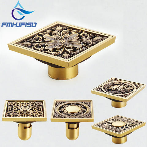 10cm Euro Style Antique Brass Flower Art Carved Euro Floor Drains Square Floor Drain Strainer 10*10cm ► Photo 1/6
