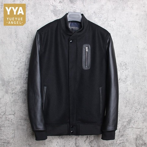 Men 100% Genuine Leather Jacket Woolen Patchwork Loose Stand Collar Jacket Street Zip Black Bomber Outerwear Plus Size 6XL ► Photo 1/5