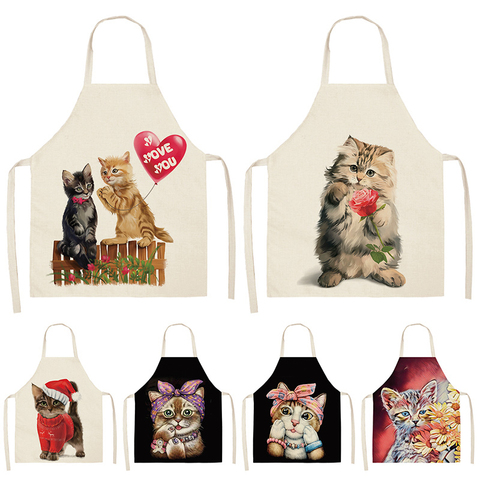 Cute Cat Kitchen Sleeveless Aprons For Women Cotton Linen Bibs Household Cleaning Pinafore Home Cooking Apron 53*65cm WQL0200 ► Photo 1/6
