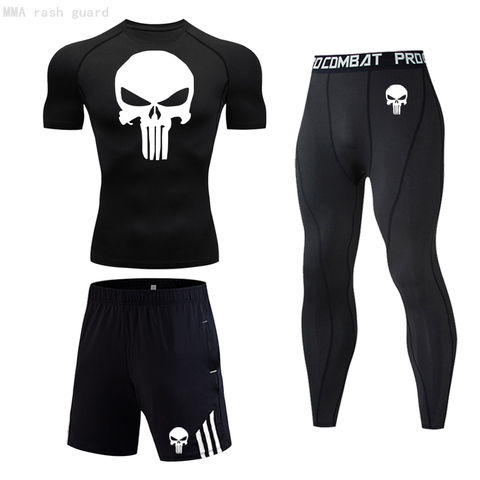 Men Skull Compression set MMA Short Sleeve T-shirt Men's Sport Tights Pants Fitness Bodybuilding Clothes Punisher Running Suit ► Photo 1/6