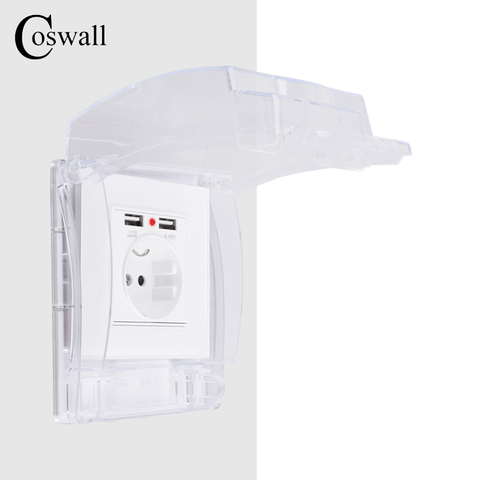 Coswall IP55 Waterproof Dust-proof Transparent Box + White Glass Wall Panel EU Standard Socket With Dual USB Charging Port ► Photo 1/6