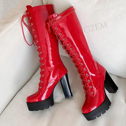 LAIGZEM Women Calf High Boots Chunky Block High Heels Lace Up Tall Boots Shiny Shoes Woman Botines Mujer Large Size 34 42 43 ► Photo 1/6