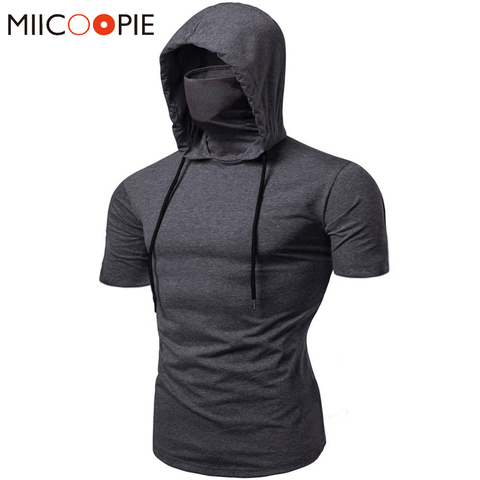 Fashion Short-Sleeved Mask Hooded T Shirt Men Casual Elastic Solid Fitness Tshirt Hip Hop Slim Fit Male T-shirt Streetwear M-3XL ► Photo 1/6