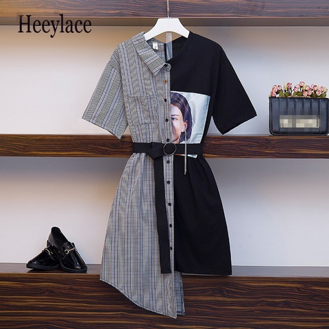 High Quality Irregular patchwork Dress Women 2022 New Casual office lady Vintage Dress with belt Vestido plus size ► Photo 1/6