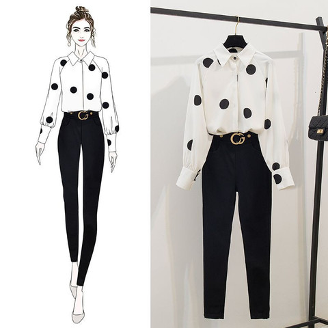 2022 Spring Women Long Sleeves Dot Shirts + Slim Pants  2 pcs Sets Female Fashion Suits A1834 ► Photo 1/6