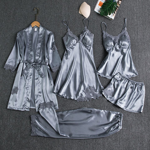 Sleepwear Female 5PCS Pajamas Set Satin Pyjamamas Lace Patchwork Bridal Wedding Nightwear Rayon Home Wear Nighty&Robe Suit ► Photo 1/6