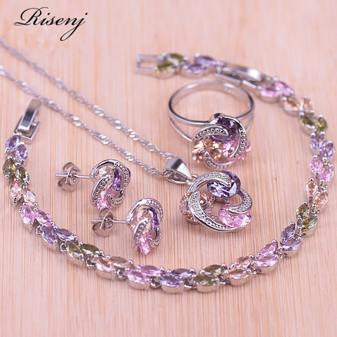 Risenj Big Discount Colorful Lucky Circle Silver Color Jewelry Set For Women Earrings Ring Necklace Set With Pendant In Store ► Photo 1/6