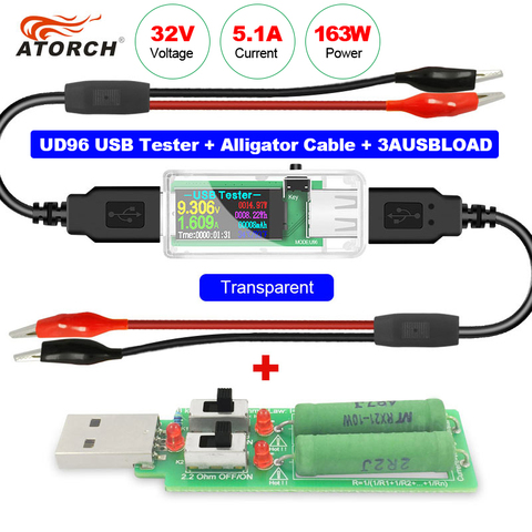 U96 USB tester DC Digital voltmeter amperimetro power bank charger indicator voltage current meter detector+ load+alligator ► Photo 1/6
