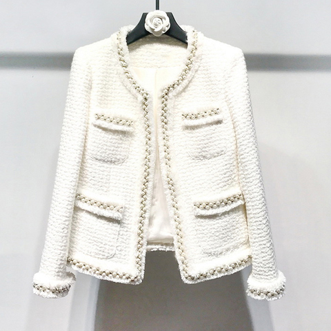 White tweed women jacket Hand-made beads spring / autumn / winter woolen coat new Wool classic jacket Ladies ► Photo 1/6