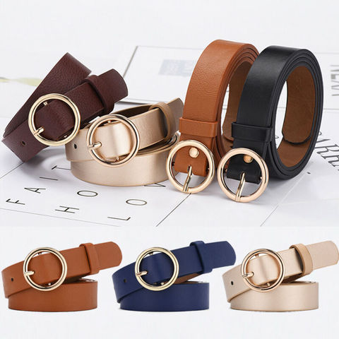 Women Belt Classic Fashion Solid Leather Waistband Circle Buckle Wide Belt Blue Khaki Black White Champagne ► Photo 1/6