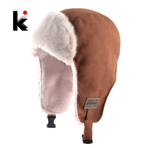 Bomber Hat With Earmuffs Faux Leather Trapper Earflap Hats Women Russia Winter Outdoor Windproof Snow Cap Men Faux Fur Warm Hat ► Photo 1/6