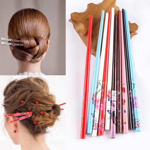 2Pcs/Set Handmade Hair stick Vintage Painting hairpin Colorful Natural wood for women Japanese hairpin Wood Chinese hair stick ► Photo 1/6