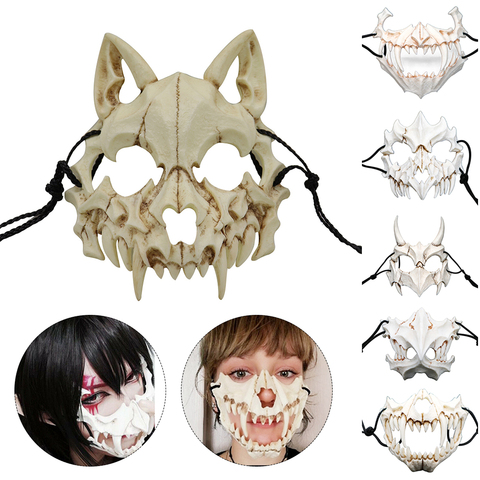 Party Mask Long Teeth Demon Samurai White Bone Mask Tengu Dragon Yaksa Tiger Resin Mask Cosplay Halloween Props Accessories ► Photo 1/6