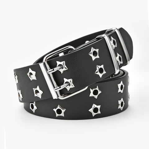 Fashion Men Women Punk Chain Belt Adjustable Black Double Single Star Eyelet Grommet Metal Buckle Leather Waistband For Jeans ► Photo 1/6